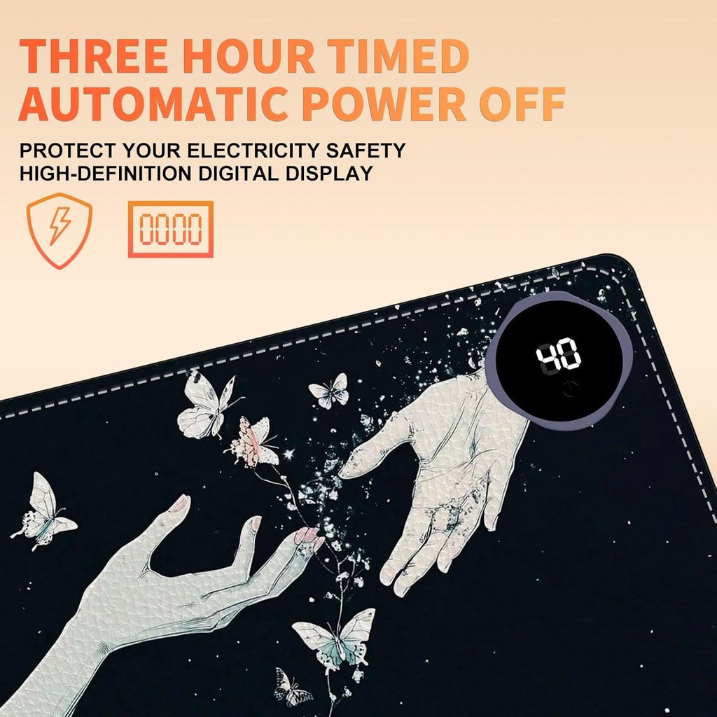 Heated Mouse Pad 23.6 x 14 in 3-Temp Fast Heating Desk Mat with Auto Timer Warmer for Hands Wrist Pain Relief Waterproof Keyboard Mat for Office, Gaming, Home, Butterfly Hands Art