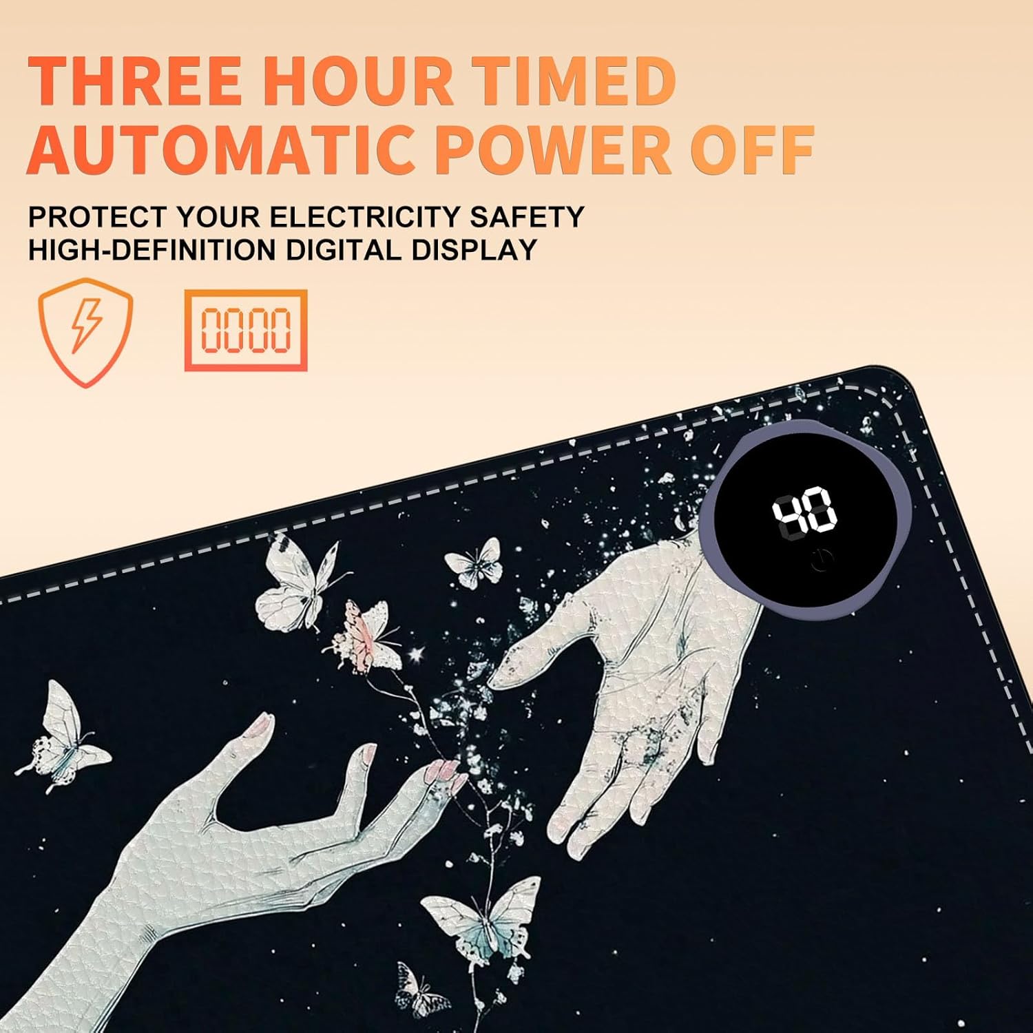 Heated Mouse Pad 23.6 x 14 in 3-Temp Fast Heating Desk Mat with Auto Timer Warmer for Hands Wrist Pain Relief Waterproof Keyboard Mat for Office, Gaming, Home, Butterfly Hands Art
