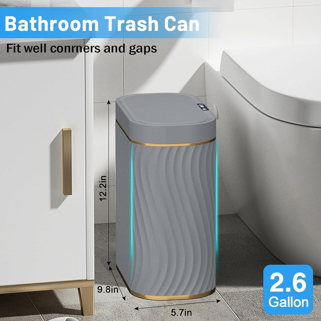 steo spce Bathroom Small Trash Can with Automatic Touchless Lid, 2.6 Gallon Smart Garbage Can Narrow Waterproof Trash Bin for Bedroom, Office, Living Room (Gold Grey)