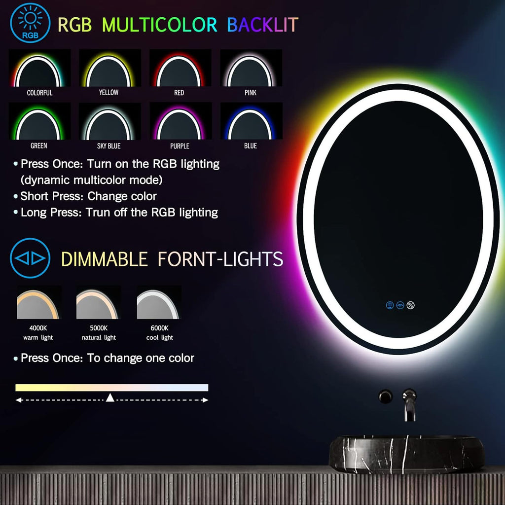 THEKLA 20 x 30 Inch LED Oval Mirror with 3 Color Front Lights + RGB Rainbow Color Changing Backlit Oval Lighted Vanity Mirror for Bathroom Wall Dimmable AntiFog 30in Ovals Smart Light up Mirrors