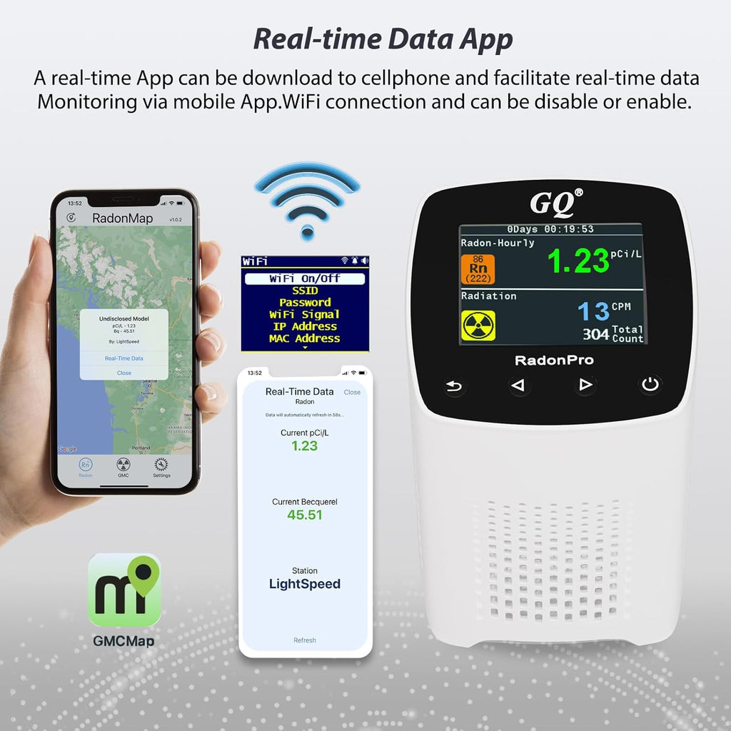 GQ Radon Detector Radon Pro 2-in-1 Radon Monitor Nuclear Radiation Detector Geiger Counter simultaneously Detection Fast Accurate Color Simple Display Made in USA