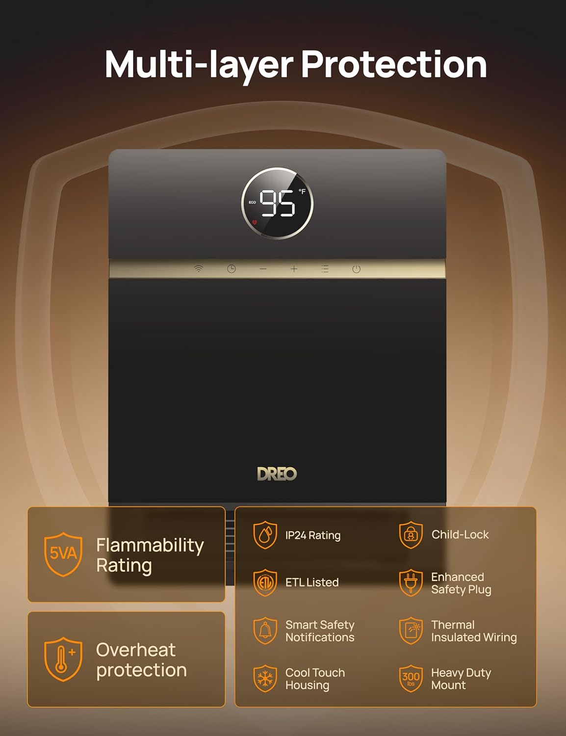 Dreo Smart Wall Heater, IP24 Electric PTC Space Heater for Indoor Use, 30° Oscillation, Adjustable Thermostat, Remote Control, Works with Alexa, 24H Timer, Easy-mounted for Bedroom, Office
