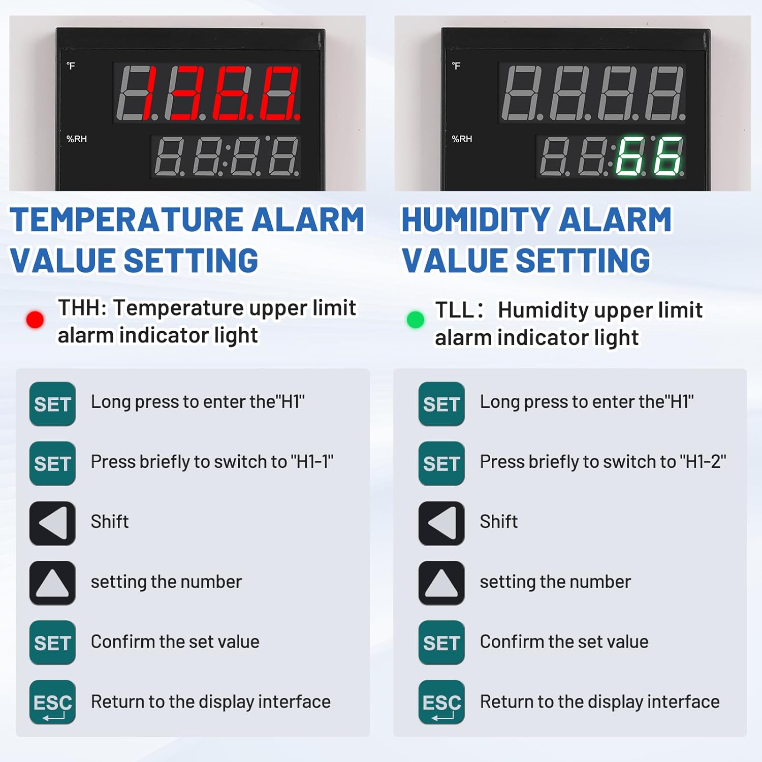 JIAWANSHUN Industrial Temperature Humidity Alarm, -40-185℉&0-100%RH,Thermometer Hygrometer Monitor with Independent Alarm Setting,Sound Light Alert & Calibration for Greenhouse,Lab,Cold Chain&Granary