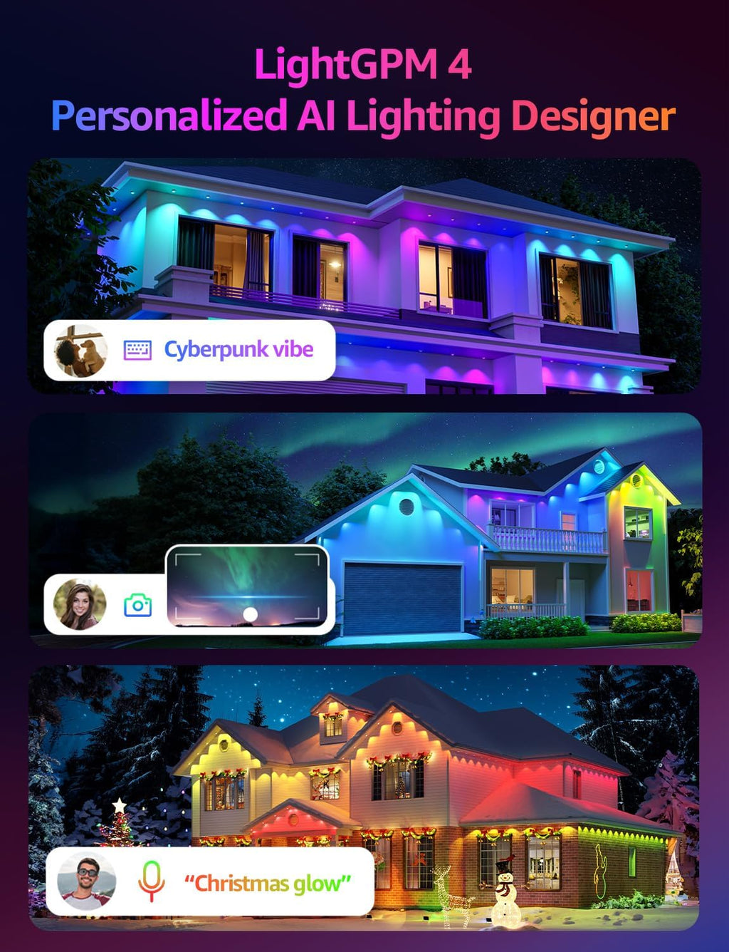 Lepro EE1 AI Permanent Outdoor Lights with Dual-Output, 200ft 120 LED RGB+IC Smart Outside Light for House Christmas Decor,Alexa Google Enabled 2.4 GHz WiFi/Bluetooth, APP Control No Remote Controller