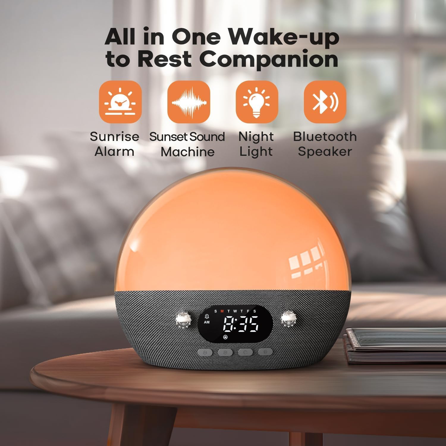 Dekala RestOnn Sunrise Alarm Clock 7-Day Programmable Dual Alarm Clock with Sunset White Noise Sound Machine Natural Sounds Amber Night Light, Bluetooth Speaker, 3000mAh Battery Backup, App Control