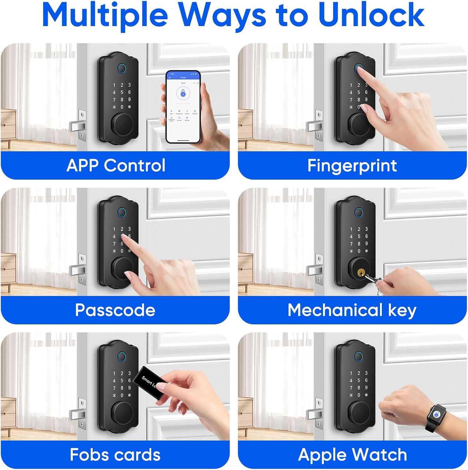 Fingerprint Smart Door Lock, Keyless Entry Deadbolt, Electronic Biometric Deadbolt with Phone/Watch App Control, Auto Lock with Touchscreen Keypad for Bedroom, Front Door, 7 Ways to Unlock
