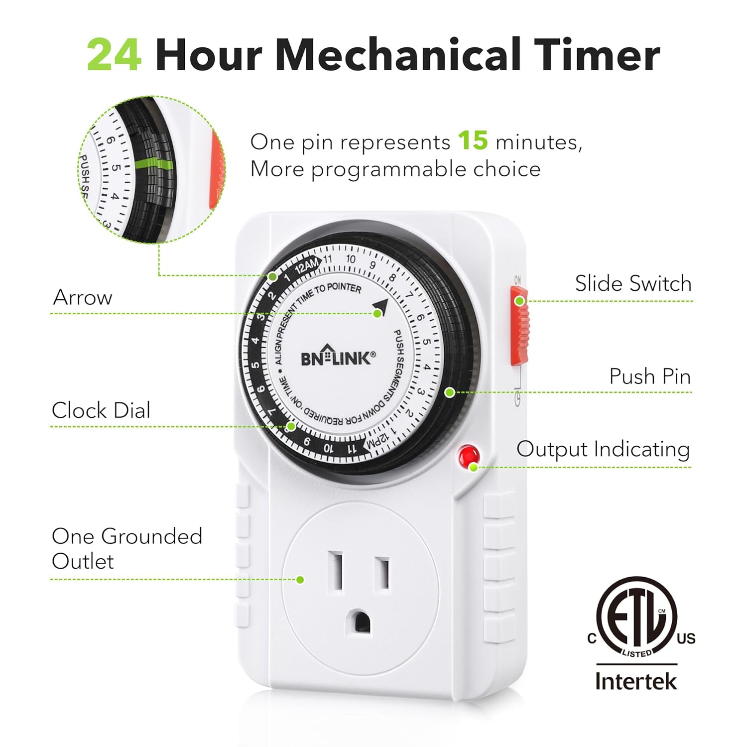BN-LINK 24 Hour Plug-in Mechanical Timer Grounded for Aquarium, Grow Light, Hydroponics, Indoor Lighting, Home Appliances, ETL Listed 125VAC, 60 Hz, 1875W, 15A, 1/2HP (2 Pack)