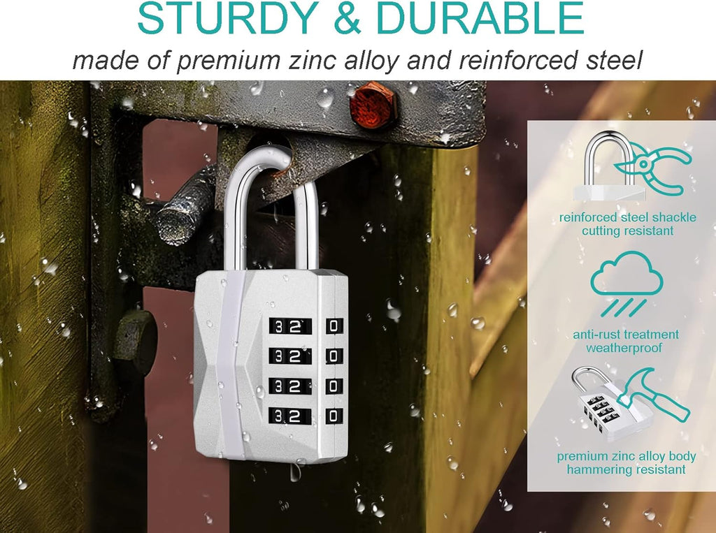 ZHEGE Locker Lock, 4 Digit Combination Lock [2023 Locker Trend] Gym Lock with White Code, Heavy Duty Combo Padlock Outdoor for Gate, Fence, Shed, Garage, School Locks (Silver, 1 Pack)