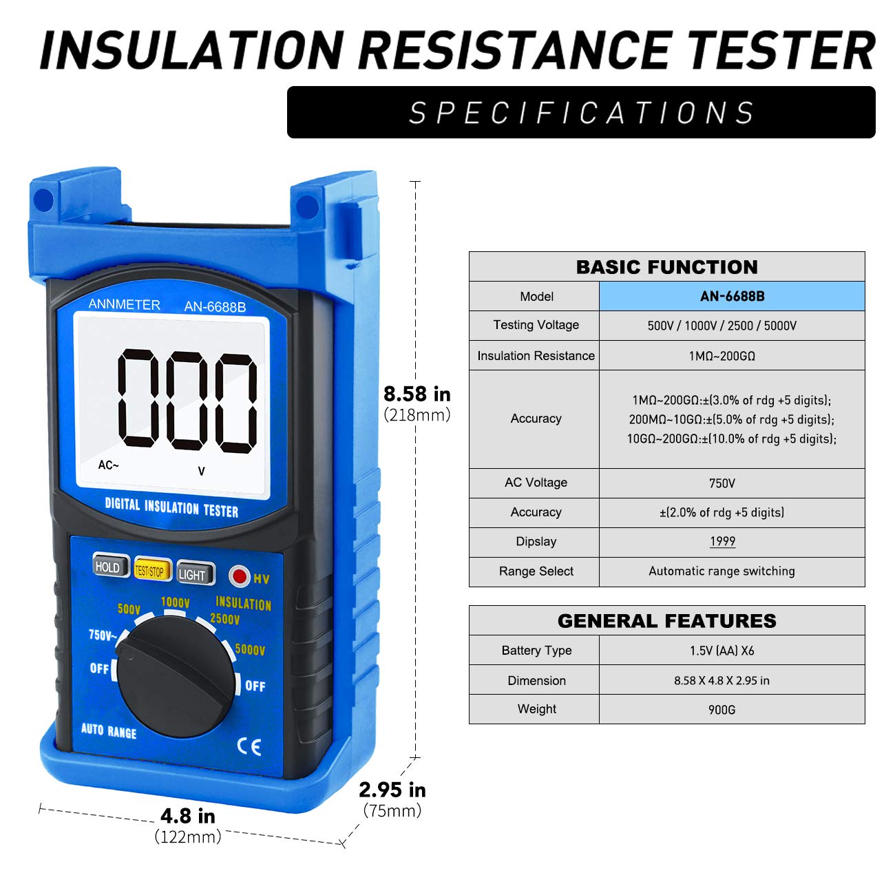 Digital Insulation Resistance Tester, AIMOEST Megohmmeter 200GΩ Meg Ohmmeter, 500V/1000V/2500V/5kV Test Voltage, Auto Ranging Mega Ohm Meter AC Voltmeter AI-6688B with Over-Range Indicator