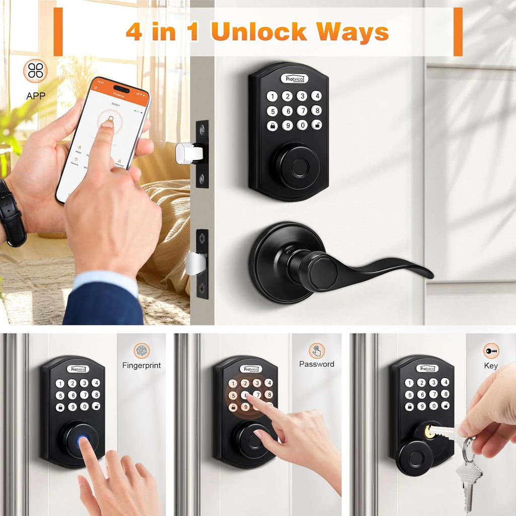 Probrico Keypad Door Lock with Handle Keyless Entry Door Lock, Smart Locks for Front Door Fingerprint Deadbolt with Handle, Black Smart Deadbolt Entry Door Handle Set