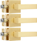 3 Pack Heavy Passage Door Handle Keyless Square Brushed Brass Closet Door Knobs with Modern Contemporary Design for Hallway or Closet