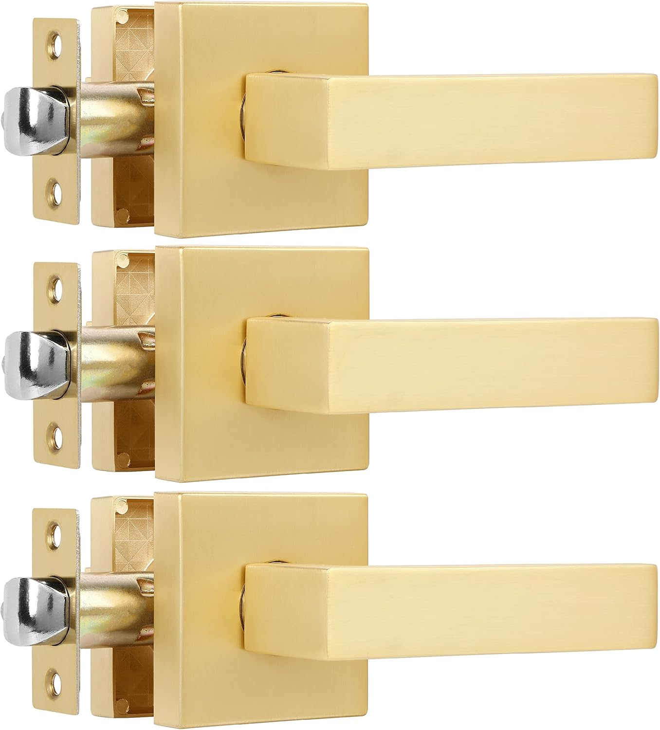 3 Pack Heavy Passage Door Handle Keyless Square Brushed Brass Closet Door Knobs with Modern Contemporary Design for Hallway or Closet