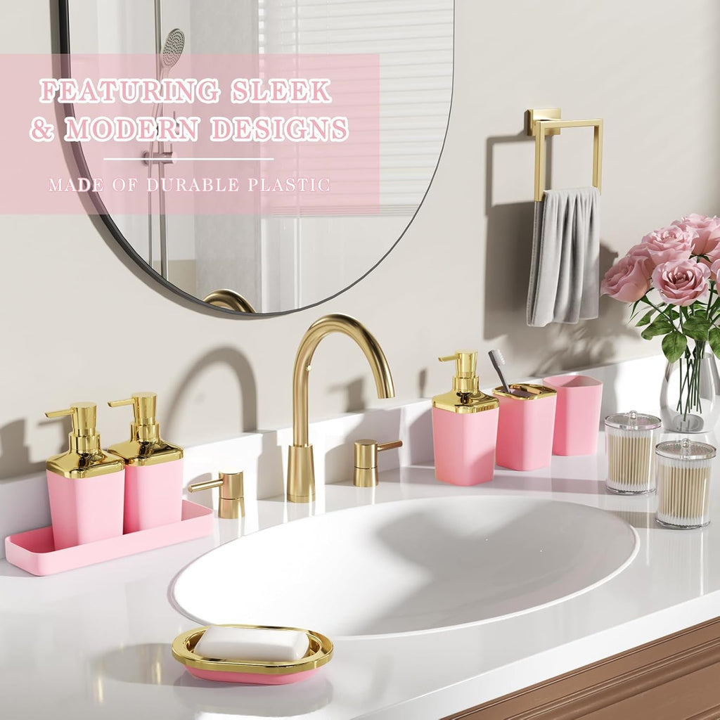 Bathroom Accessory Set, 11PC Bathroom Set, Pink Bathroom Accessories, Bathroom Accessories Set with Trash Can, 3PC Soap Dispensers and Toilet Brush