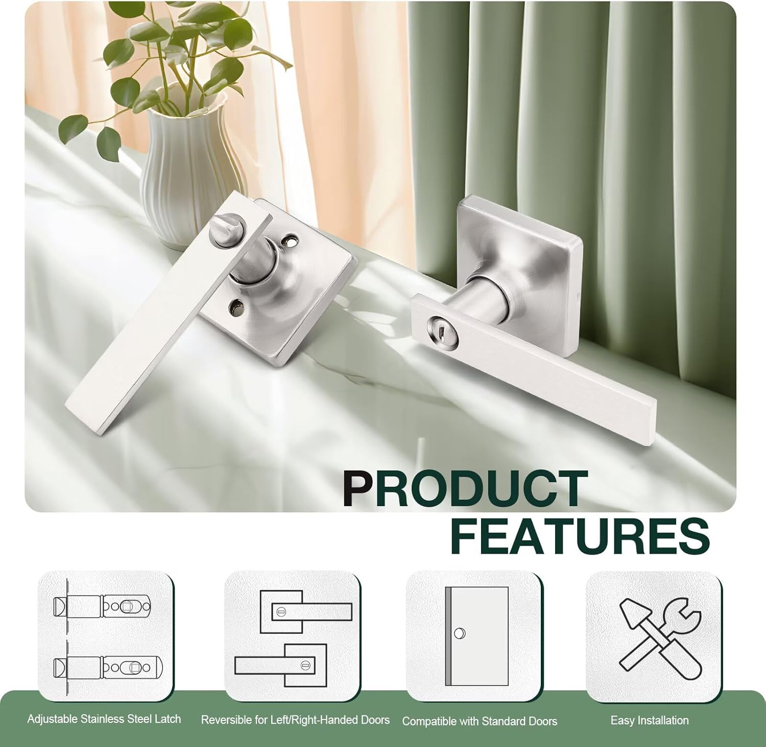 GOBEKOR 8 Pack Interior Door Handles Brushed Nickel Privacy Door Levers Square Bedroom Door Handles with Lock Privacy Door Levers Bathroom Lever
