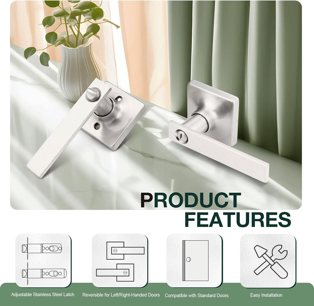 GOBEKOR 3 Pack Privacy Door Levers with Lock - Square Brushed Nickel Lever Door Handles for Bedroom and Bathroom