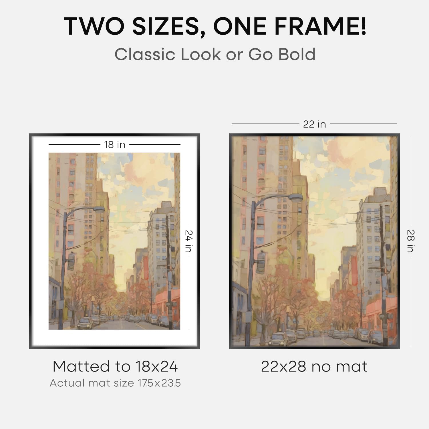 Homeforia 22x28 Poster Frame Black, High End Metal 22 x 28 Large Picture Frames with Mat 18 x 24 for Photo, 22x28 Thin Frame Matted to 18x24 inch Print, 28x22 Frame, Tempered Glass, Wall Kit, Set of 3