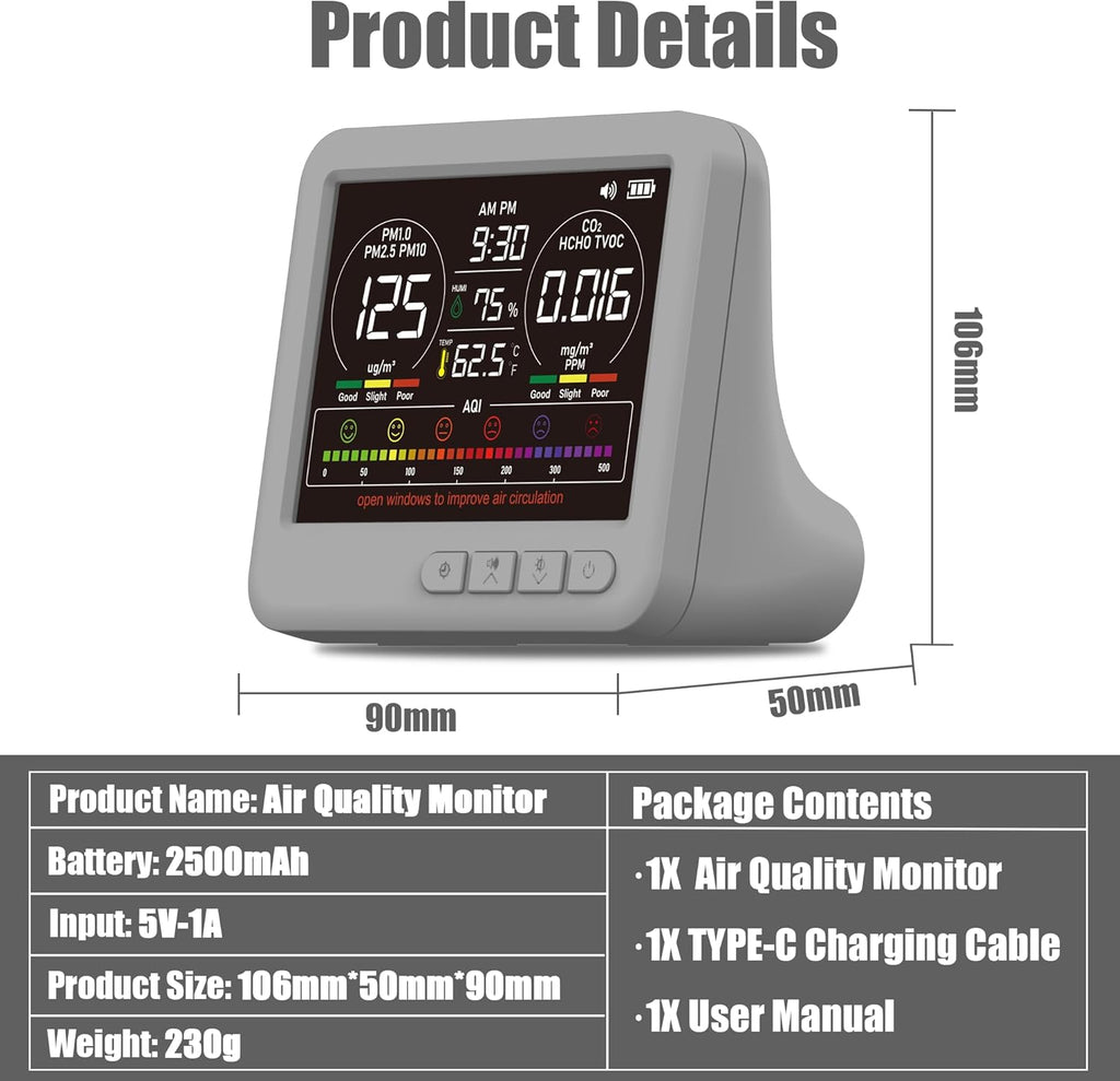 Professional Indoor Air Quality Monitor with 7X AQI,16 in 1 Portable Real-Time Detector for PM2.5 | PM10 | CO2 | TVOC | HCHO | Temp | Hum for Home Cars Plants Pets (Gray)