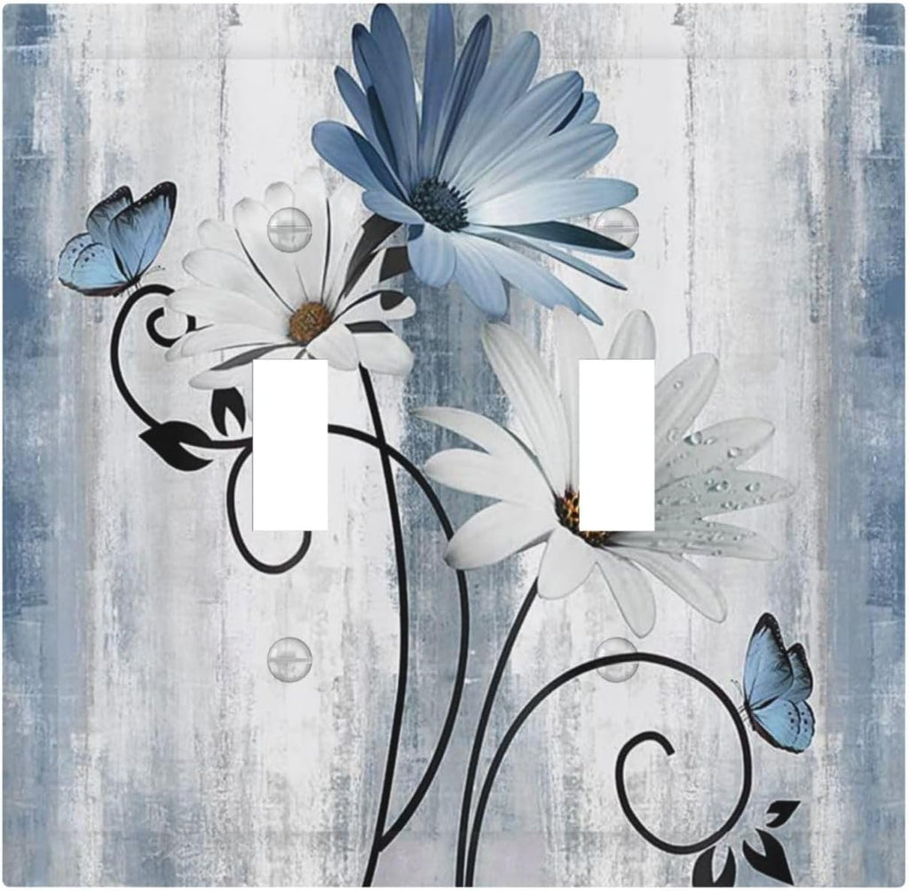 Decorative Light Switch Cover Plate Rustic Blue White Daisy Ink Flower 2 Gang Outlet Covers Double Toggle Wall Plates for Electrical Outlets Switch Plate Covers for Bedroom Home Decor