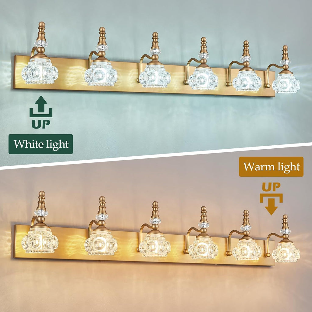 Modern Glass Crystal Vanity Light - Vintage Bathroom Lighting Fixtures Over Mirror, 6 Light Vanity Lights G9 Bulb (43.3 Inch,Brass)