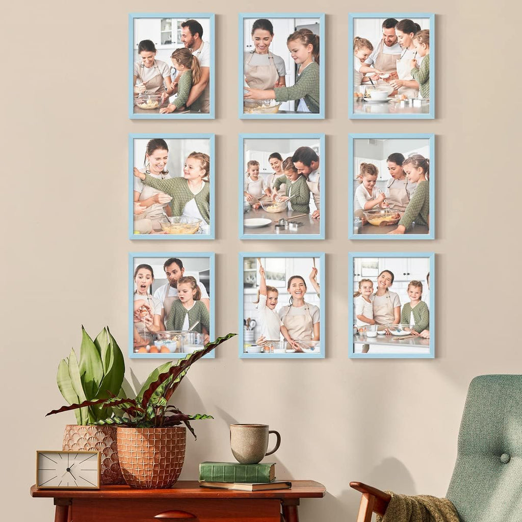 Renditions Gallery Set of 9, 8X10 Custom Photo Prints with Real Wood Picture Frames. Create Personalized Photos with Peel & Stick Photo Frames. Blue Frame