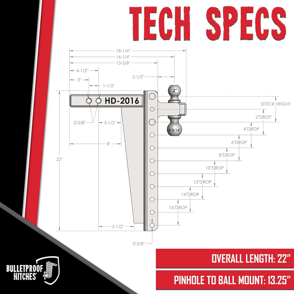 BulletProof Hitches - 2.0" Adjustable Heavy Duty Trailer Hitch (22,000 lb. Rating) - 16" Drop/Rise Trailer Hitch with 2" & 2-5/16" Dual Ball - Powder Coat, Solid Steel, Corrosion-Resistant