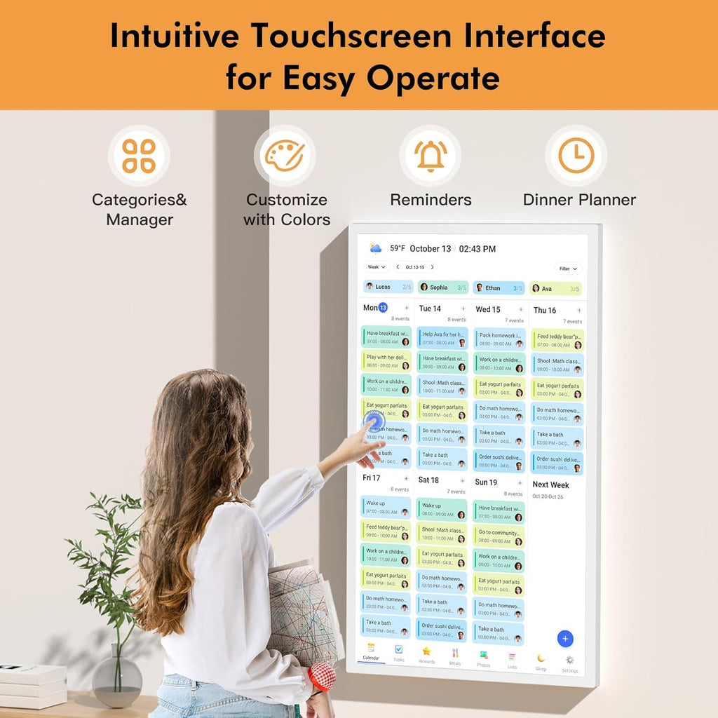 32" Digital Calendar Chore Chart for Wall Planner –Touchscreen Electronic Calendar Photo Frame for Family-Meal-Planner, Seamless Scheduling with Star Reward, Sync Online Calendar Via APP, Wall Mounted