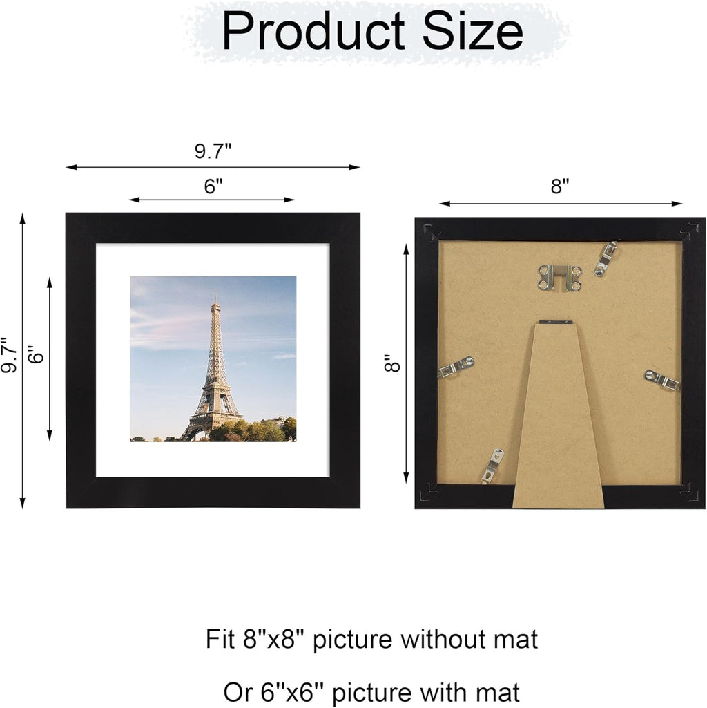 iRahmen 8x8 Picture Frame with HD Tempered Glass, Display Pictures 6x6 with Mat or 8 x 8 Without Mat, Wood Photo Frames for Tabletop and Wall Mount (Black, 1 Pack)