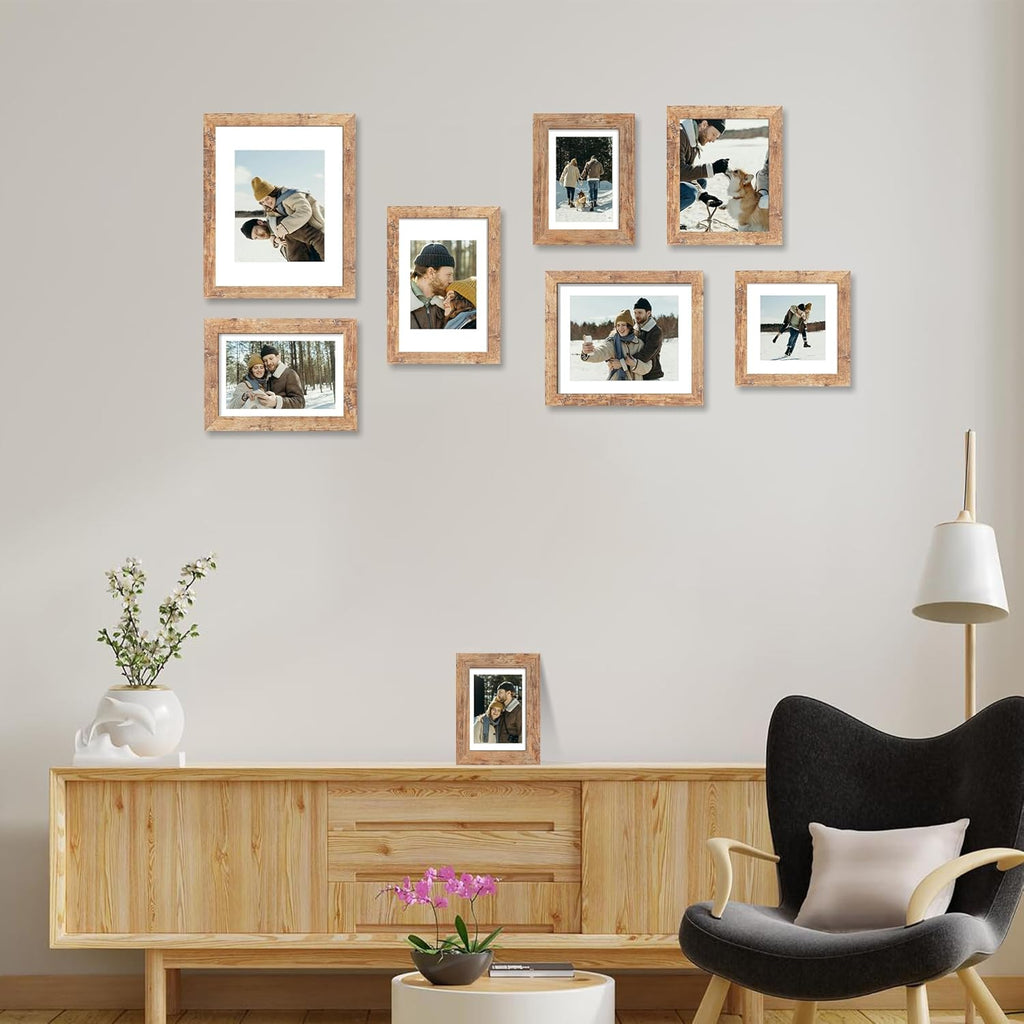iRahmen 8x12 Picture Frame with HD Tempered Glass, Display Pictures 6x9 with Mat or 8 x 12 Without Mat, Wood Photo Frame for Tabletop and Wall (Rustic Brown, 1 Pack)