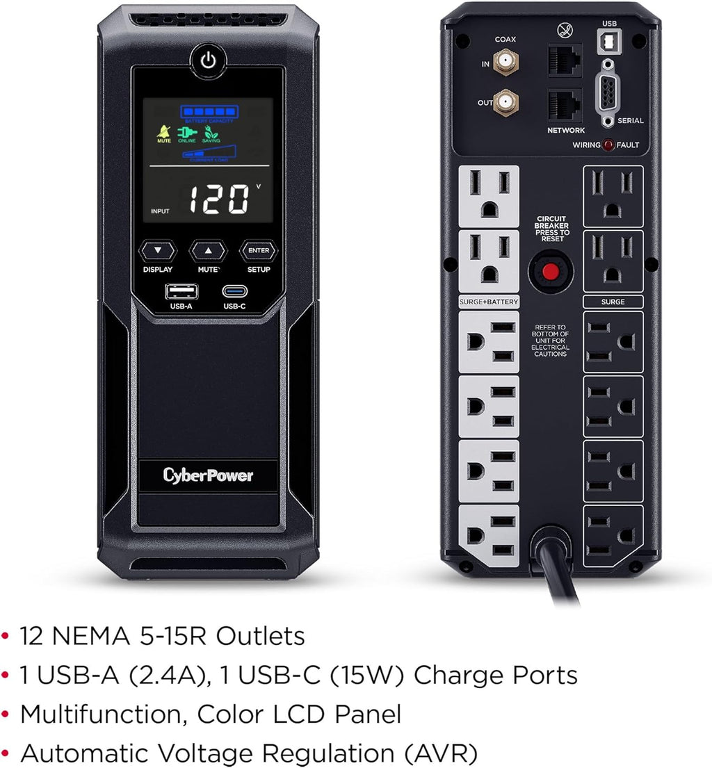 CyberPower CP1350AVRLCD3 Intelligent LCD UPS System, 1350VA/815W, 12 Outlets, 2 USB Ports, AVR, Mini Tower, Black