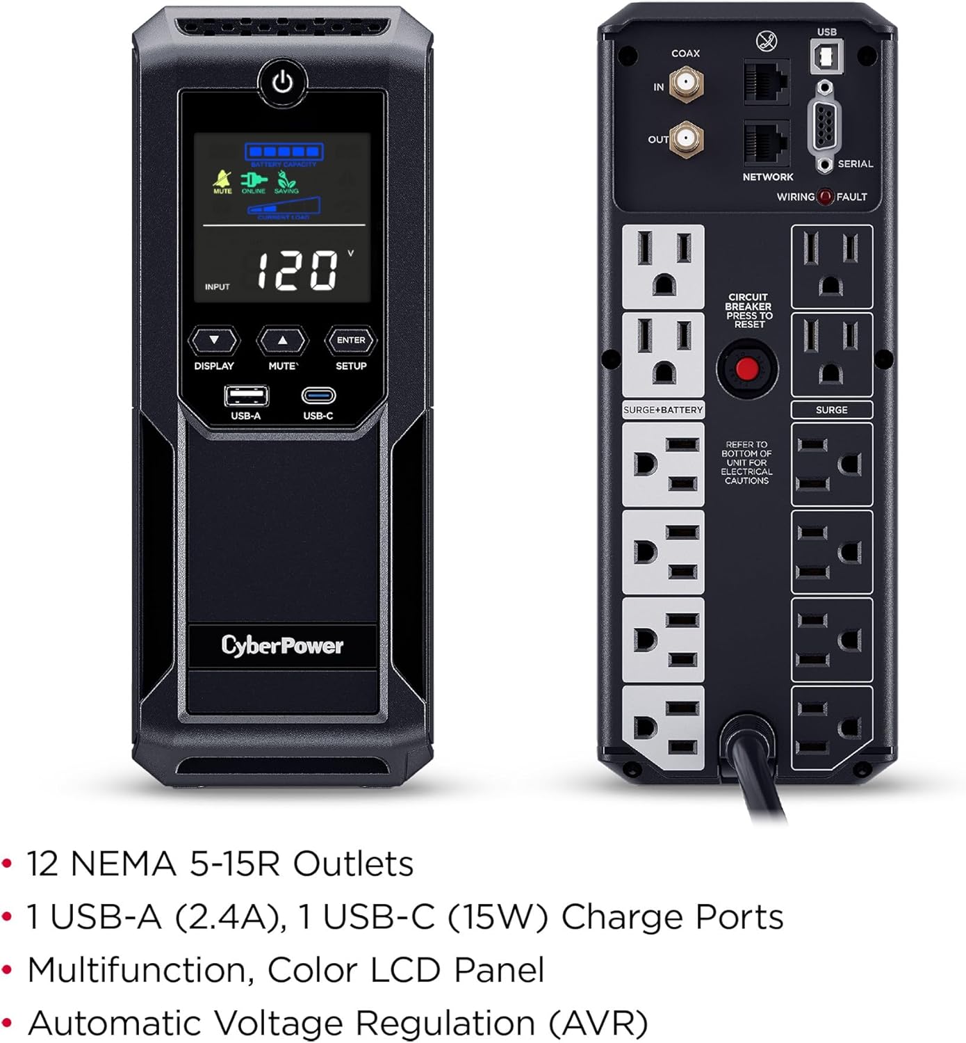CyberPower CP1350AVRLCD3 Intelligent LCD UPS System, 1350VA/815W, 12 Outlets, 2 USB Ports, AVR, Mini Tower, Black
