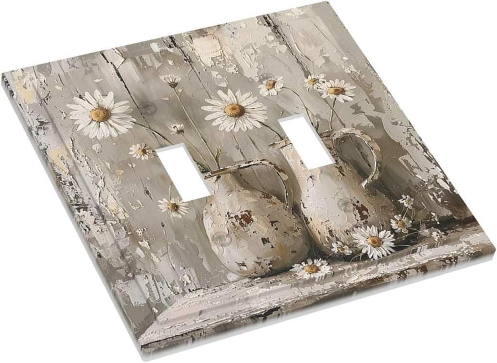 Decorative Switch Plates Vintage Rustic Floral White Daisy Flower Oil Painting Style 2 Gang Double Toggle Outlet Light Switch Cover Wall Plate Electrical Faceplate for Home Farmhouse Decor