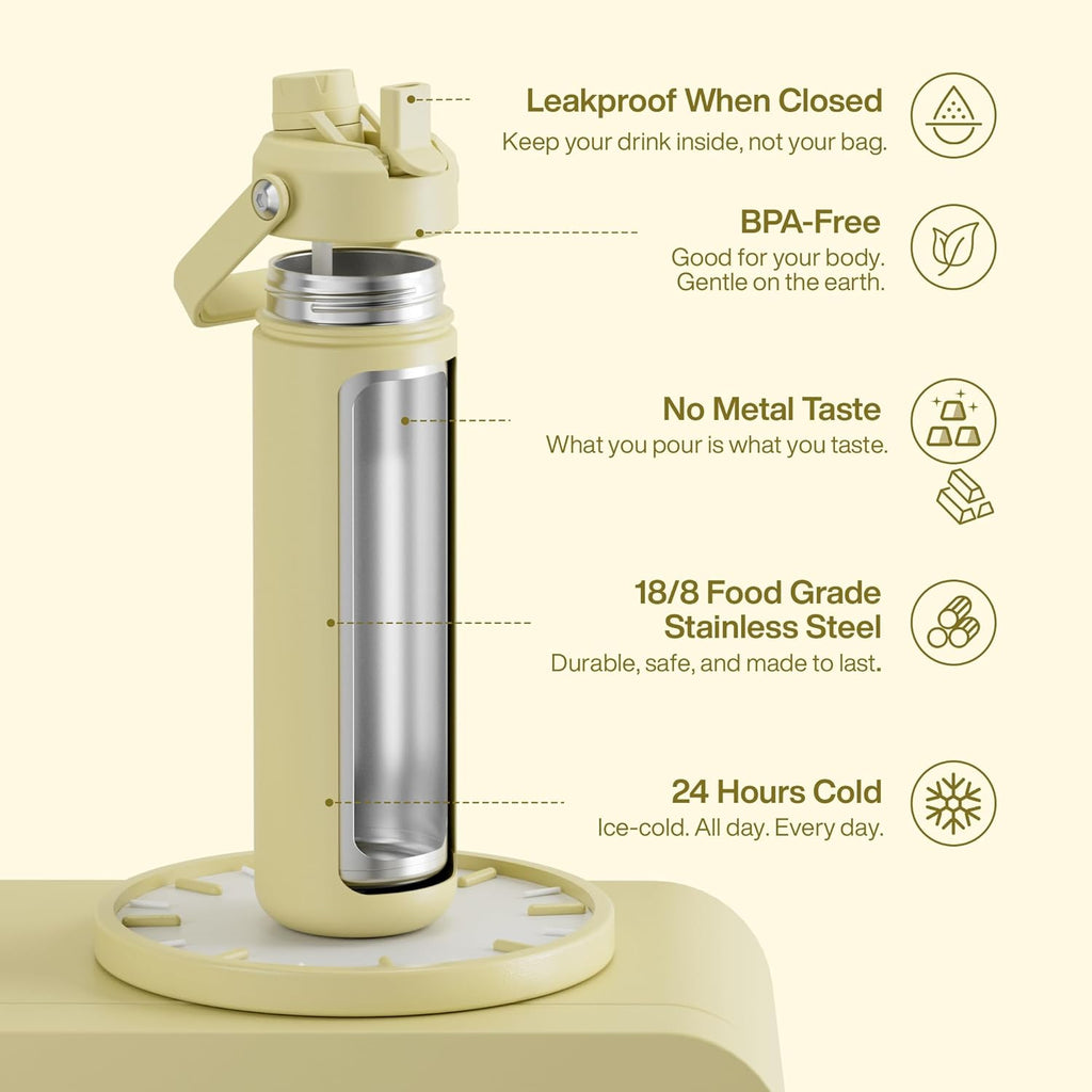 ENCOOL Insulated Water Bottle with Straw Stainless Steel Water Bottle, Leak-Proof, BPA-Free, Double Wall Vacuum Keeps Cold for 24 Hours for Sports, Travel, School (26 oz, Light Vanilla)