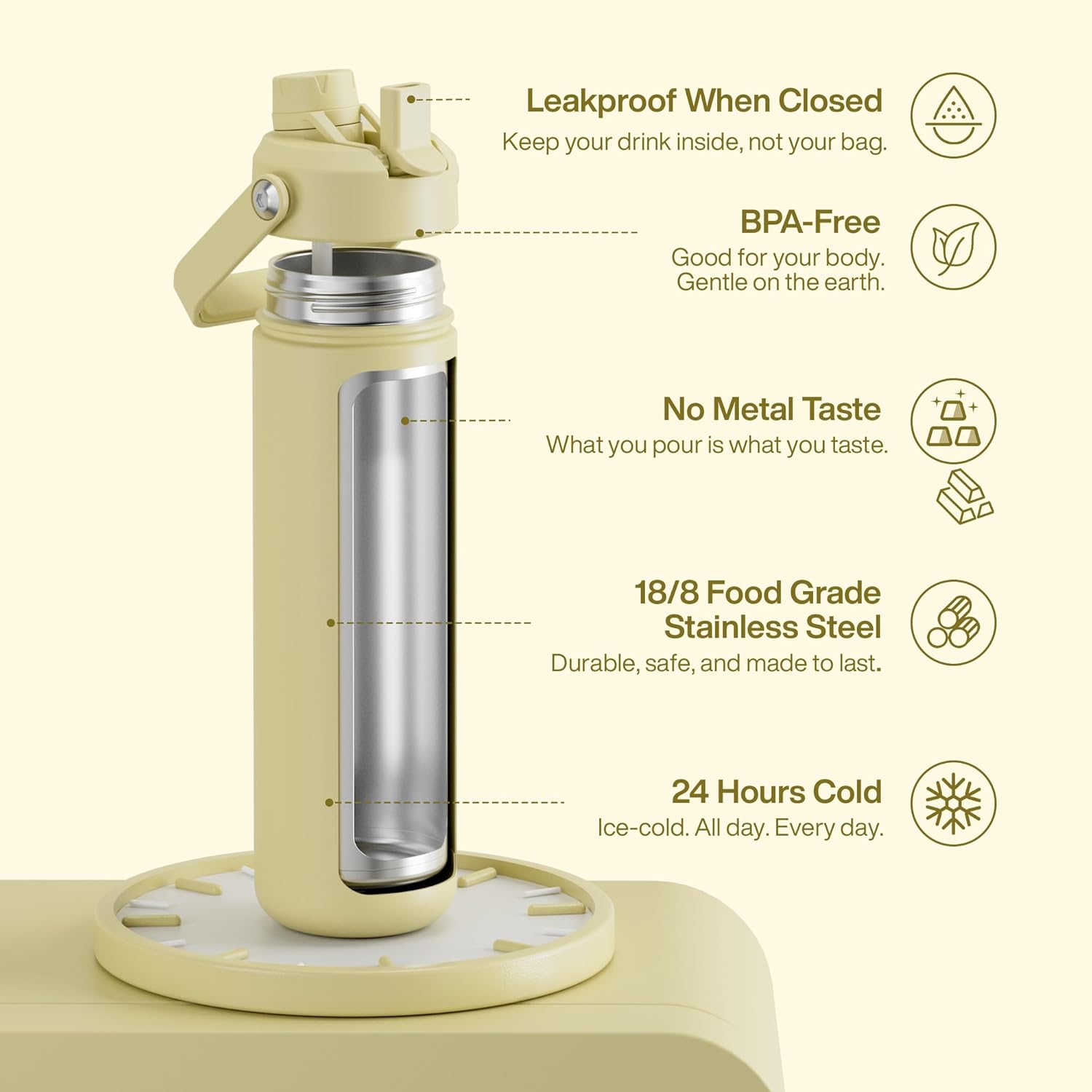 ENCOOL Insulated Water Bottle with Straw Stainless Steel Water Bottle, Leak-Proof, BPA-Free, Double Wall Vacuum Keeps Cold for 24 Hours for Sports, Travel, School (26 oz, Light Vanilla)