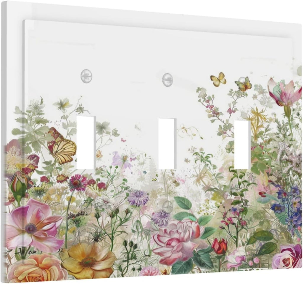 Decorative Switch Plates Boho Wildflower Colorful Floral Butterfly 3 Gang Wall Plate Triple Toggle Light Switch Cover Faceplate Electrical Wall Panels For Bed Room Living Room Decor