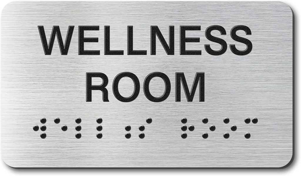 Wellness Room Signs with Raised Text & Grade 2 Braille, Brushed Aluminum/Silver Finish Easy Install with Double-Sided Tape, ADA Compliant Wellness Room Door Sign for Businesses & Offices