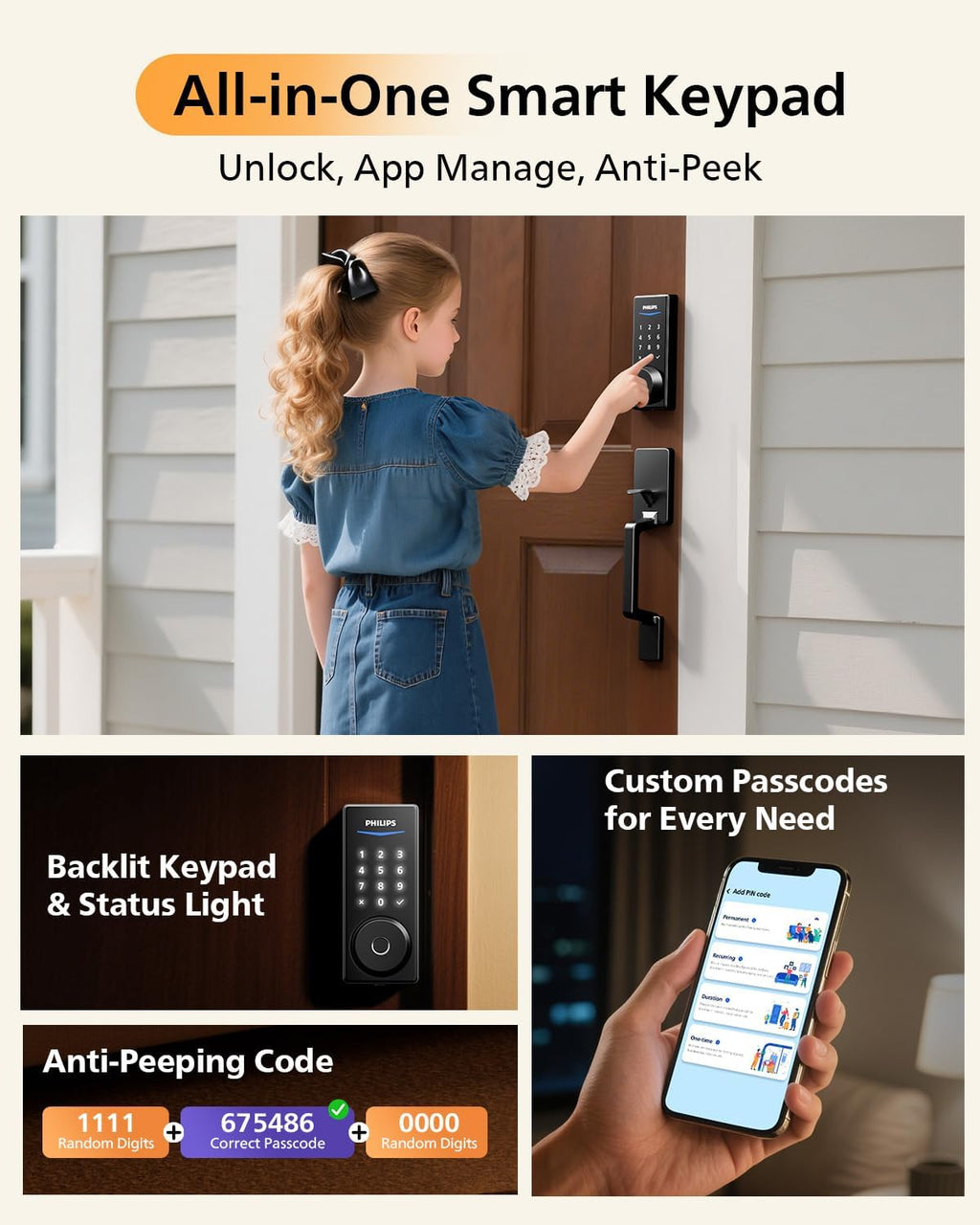 Philips WiFi Smart Keyless Entry Door Lock Deadbolt With Handle Set, Built-in WiFi, App Remote & Voice Control, Fingerprint Smart Lock For Front Door, Touchscreen Keypad Front Door Lock Set, Auto Lock