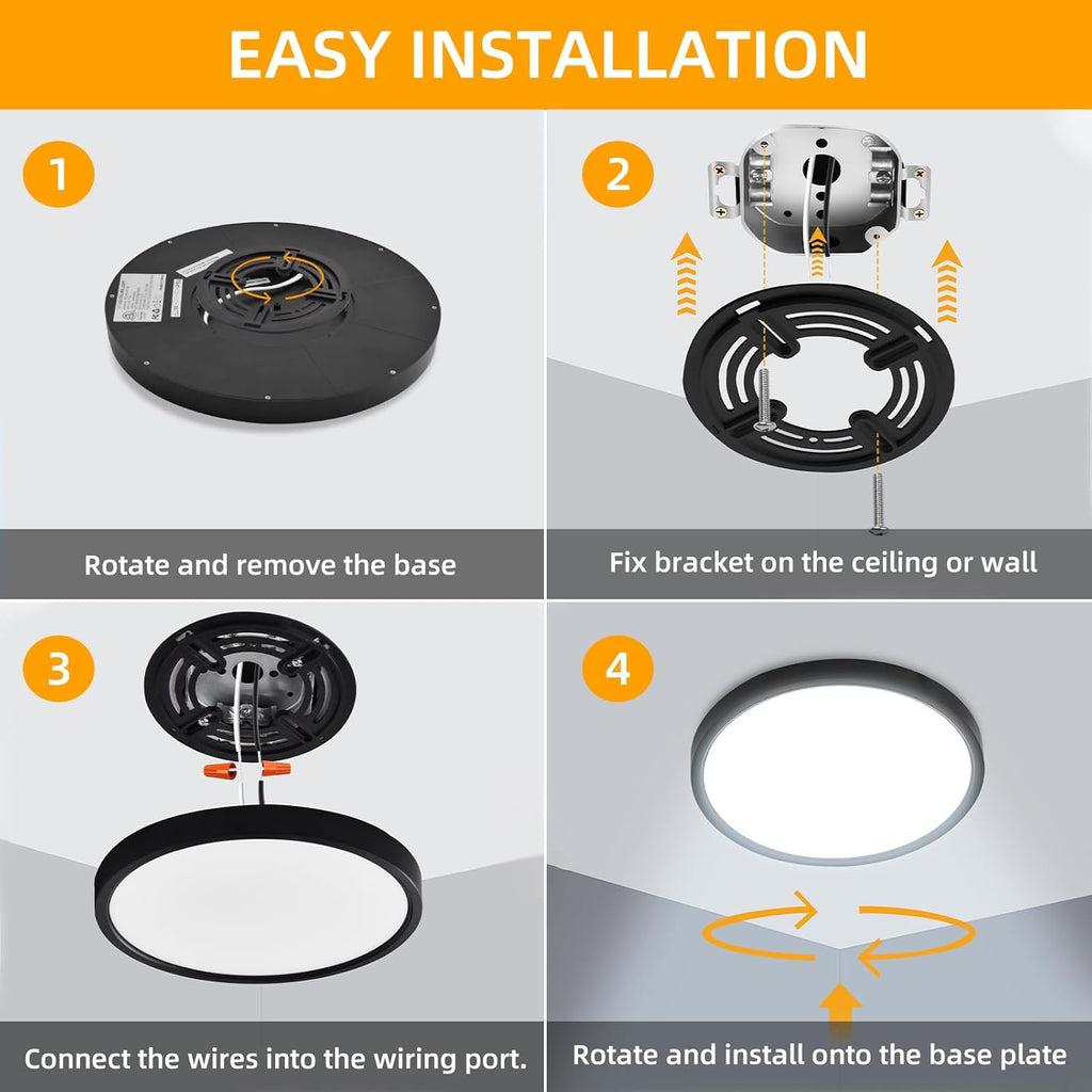 Hlite 4pack 12 inch Flush Mount LED Ceiling Light Fixture,24W 2400LM Super Slim Light Fixtures Ceiling Mount 3000K/4000K/5000K 3CCT Selectable,Light Fixtures for Kitchen,Bedroom (Black)