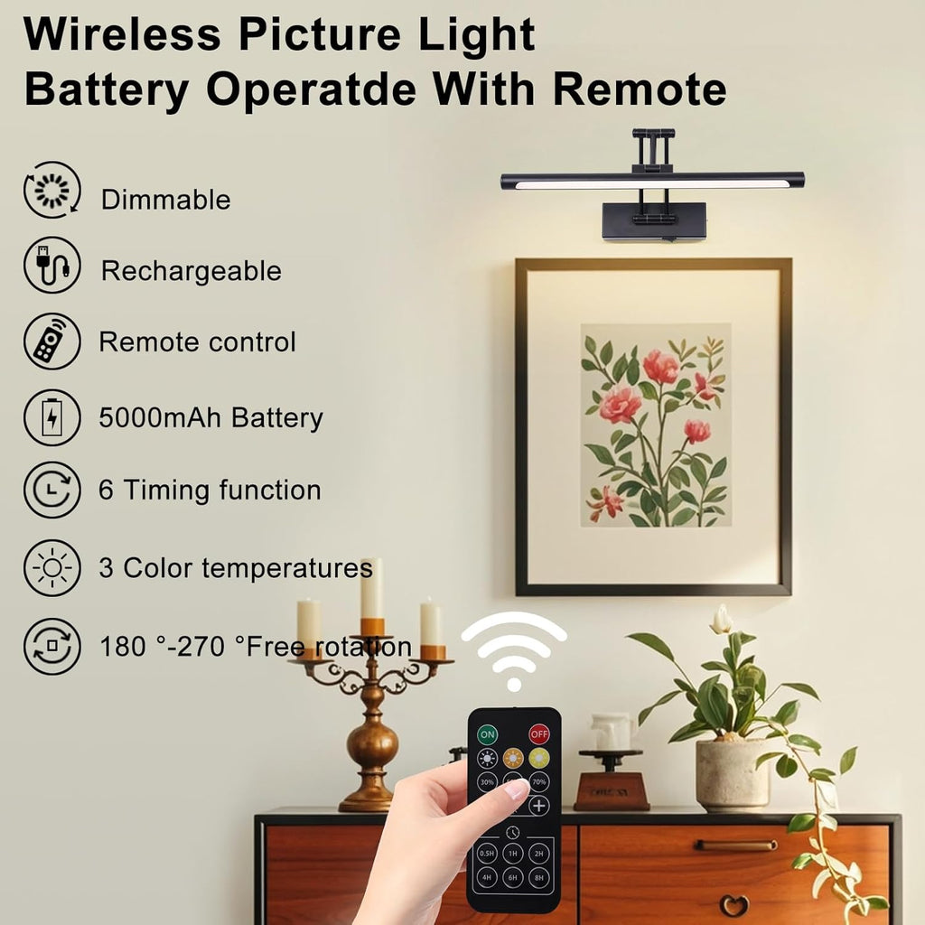 Battery Operated Picture Light with Remote 16” Black Art Light for Painting Dimmable & Timer Wireless Gallery Lights 3CCT Frame lighting Rechargeable Wall Lights for Artwork Potrait Dartboard