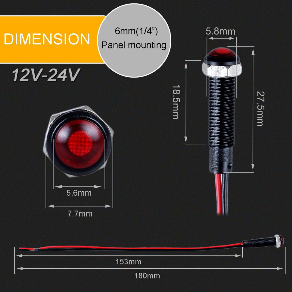 5pcs 6mm LED Indicator Light Plastic Black Signal Dot Lamp 12V-24V 1/4" Mounting Hole Size with 15cm/5.9in. Wire (Mix:Red White Yellow Blue Green)