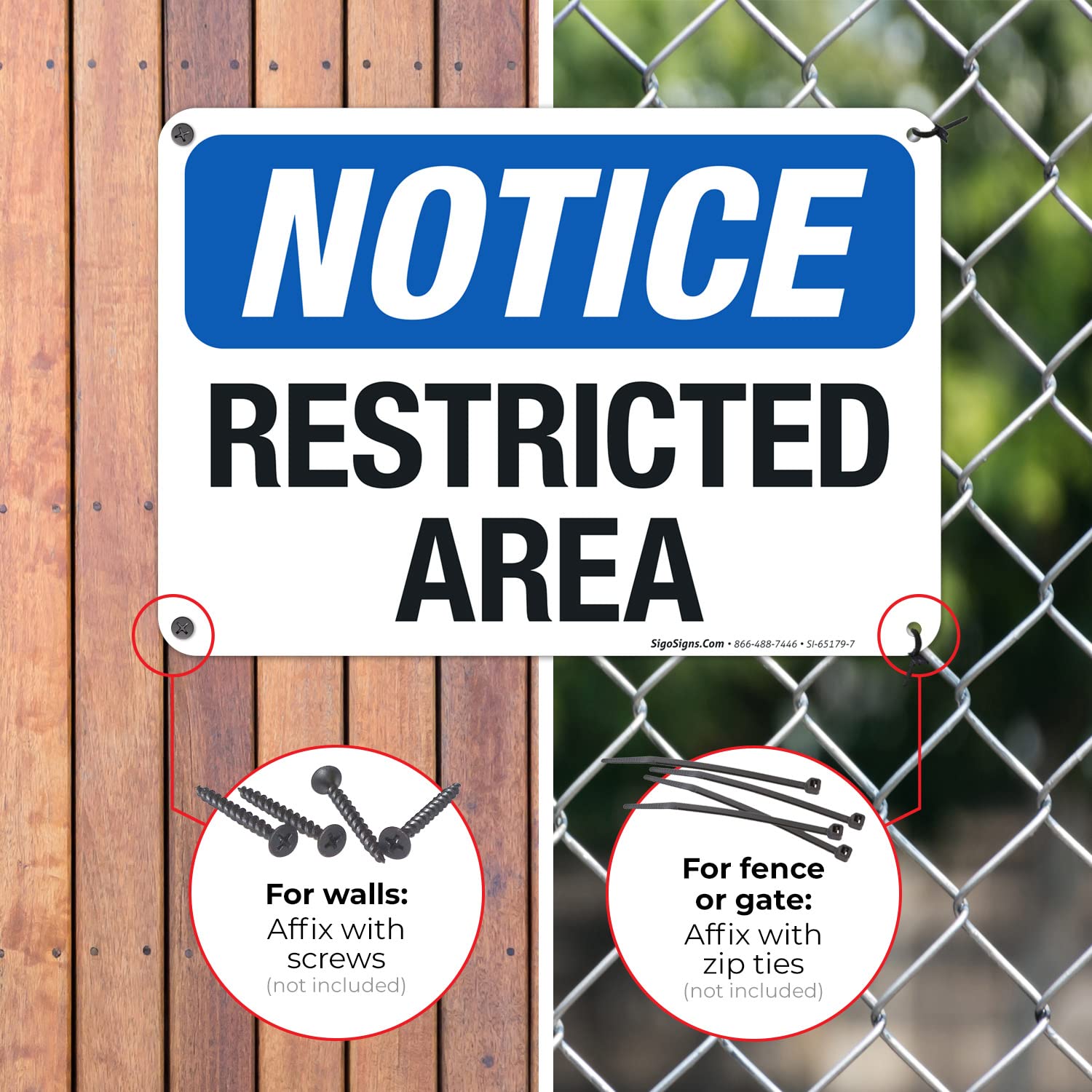 Notice Restricted Area Sign, 10x7 Inches, 55 mil Thick HDPS (high Density polystyrene), Made in USA