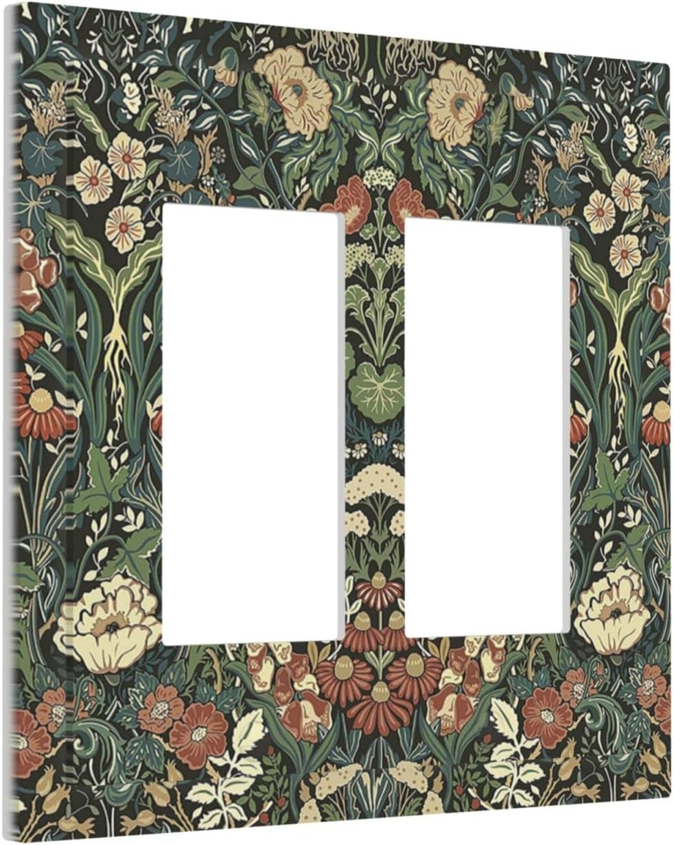 Decorative Outlet Covers Vintage Dark Floral William Morris Green Flower 2 Gang Double GFCI Rocker Electrical Wall Panels Light Switch Cover Plate for living Room Home Decor