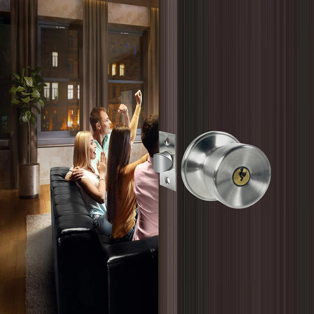JO.KO Door Knob with Lock and Key, Round Ball Lock Interior/Exterior Door Knob for Bedroom Or Bathroom/Entry Door Handle (Stainless 2Pack)