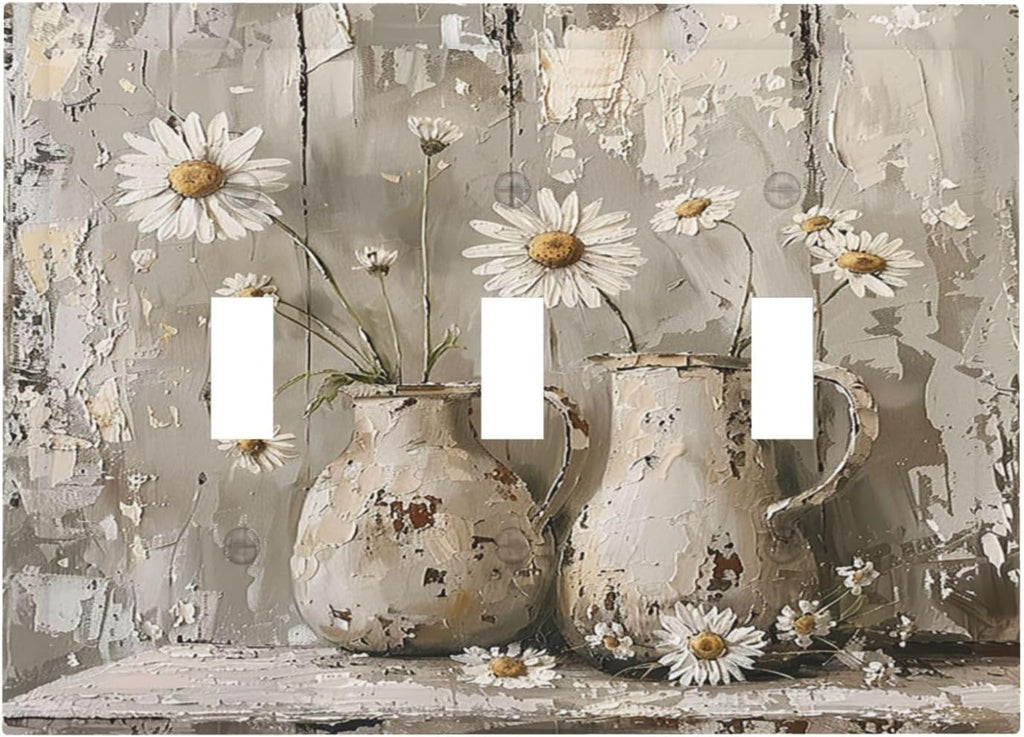 Decorative Switch Plates Vintage Rustic Floral White Daisy Flower Oil Painting Style 3 Gang Wall Plate Triple Toggle Light Switch Cover Faceplate Electrical Wall Panels for Home Farmhouse