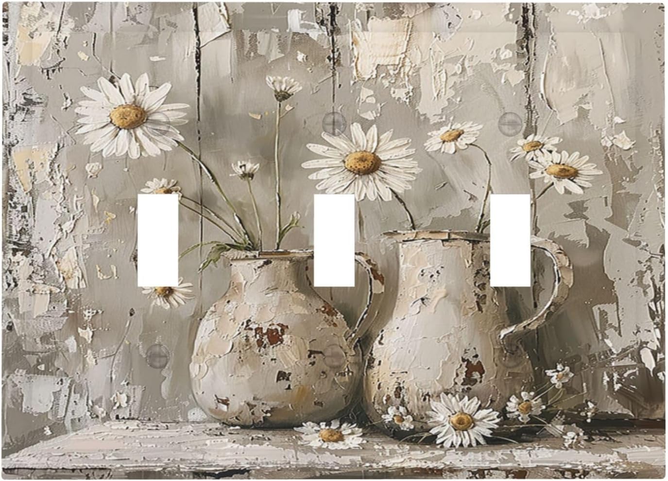 Decorative Switch Plates Vintage Rustic Floral White Daisy Flower Oil Painting Style 3 Gang Wall Plate Triple Toggle Light Switch Cover Faceplate Electrical Wall Panels for Home Farmhouse