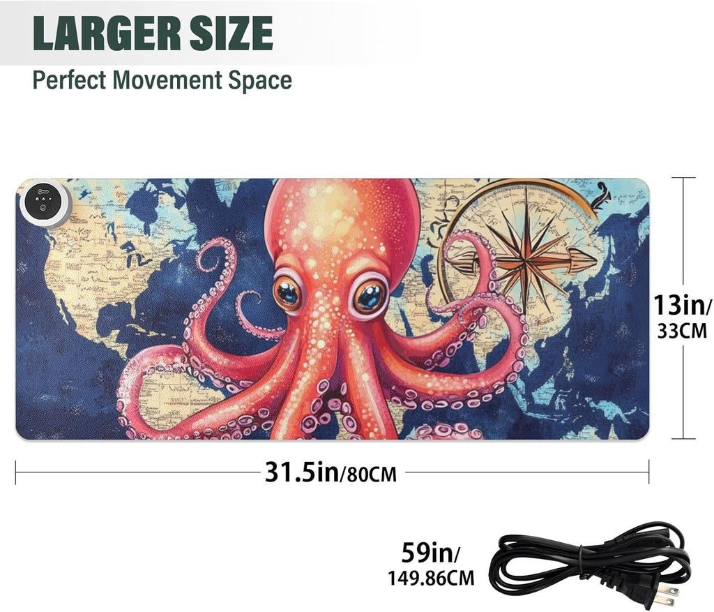 Heated Desk Pad Mouse Pad 31.5x13 Inch PU Leather Desk Mat with 3 Heat Levels Large Mouse Gaming Computer Laptop Mat Blue World Map and Octopus