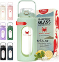 64 oz Glass Water Bottle with Straw Time Marker Half Gallon Motivational Tracker Bottles Large 2 Liter Drinking Jugs Big 2l Jug with Measurements Light Green