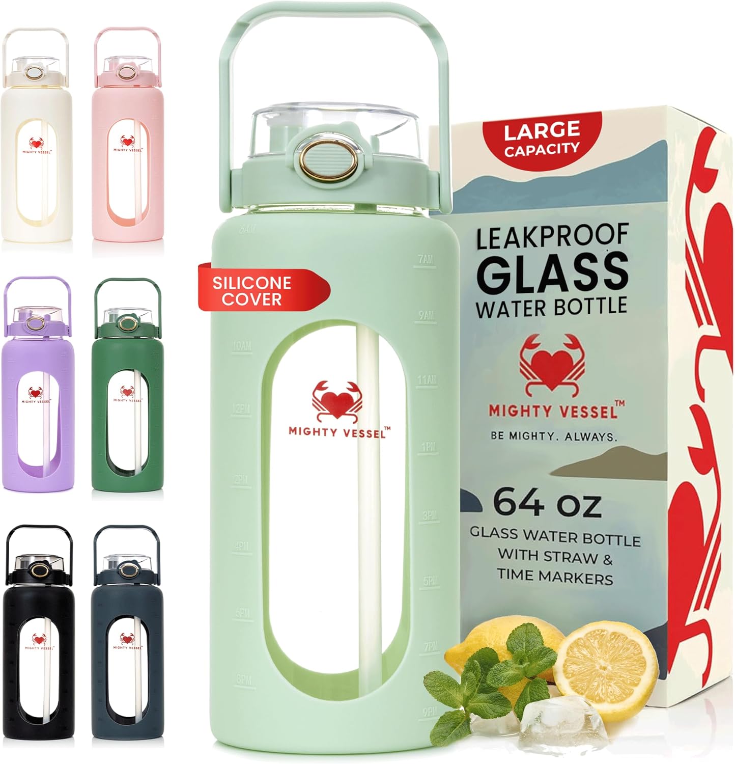64 oz Glass Water Bottle with Straw Time Marker Half Gallon Motivational Tracker Bottles Large 2 Liter Drinking Jugs Big 2l Jug with Measurements Light Green