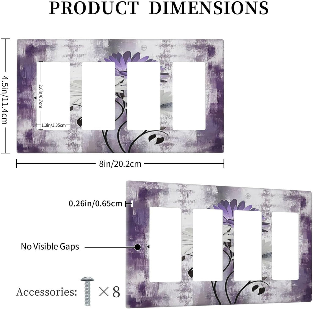 Purple Daisy White Floral Butterfly Flowers 4 Gang Wall Plates Outlet Covers Quad Rocker Light Switch Cover Plate Decorative Switch Plates GFCI Electrical Faceplate for Bathroom Bedroom 4.5 X 8 IN