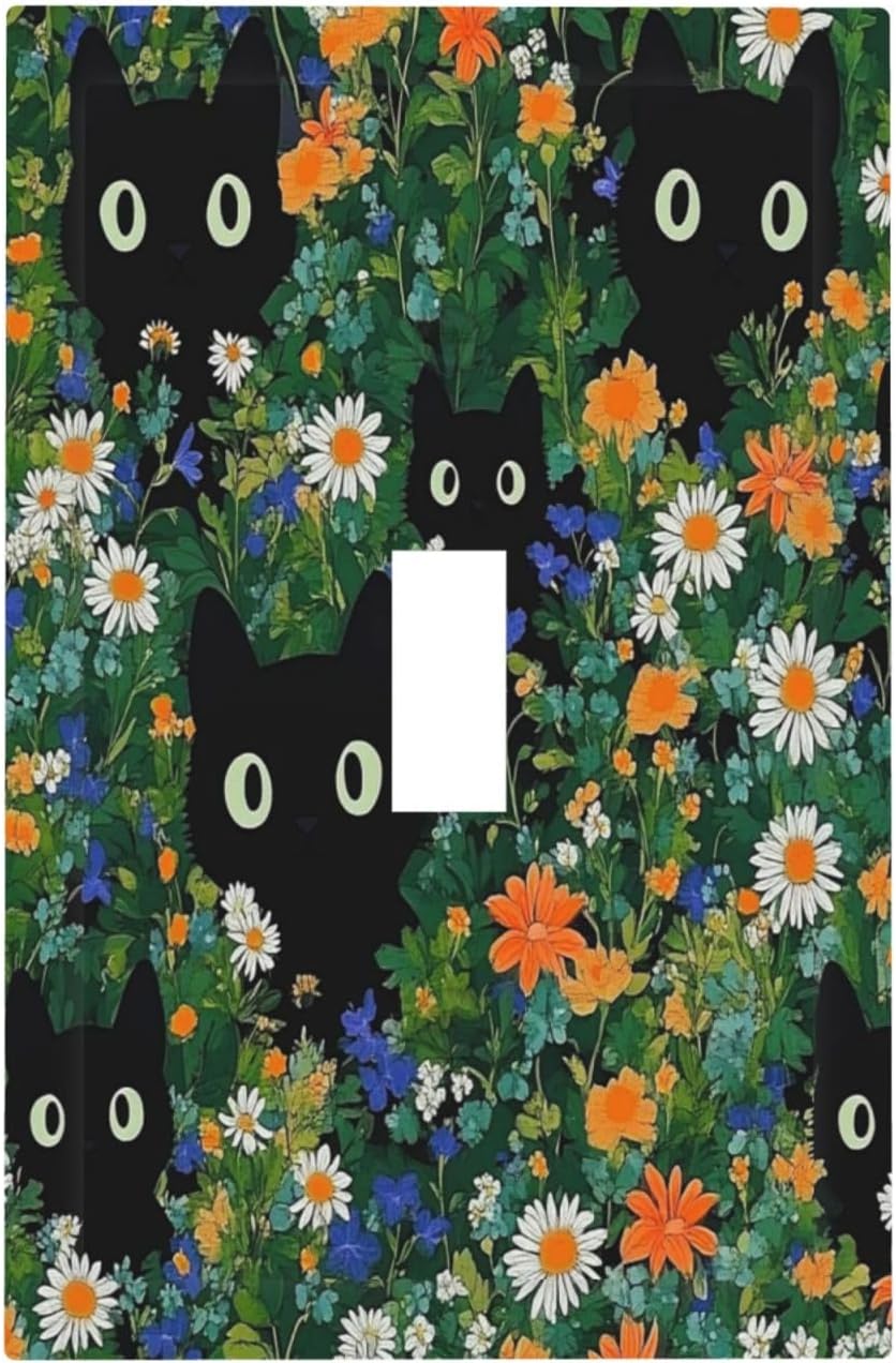 Boho Funny Black Cute Cats Daisy Wildflower Decorative Light Switch Cover 1 Gang Single Toggle Device Electrical Faceplate Switchplates Decorator Outlet Wall Plate For Kids Room Bed Room Decor