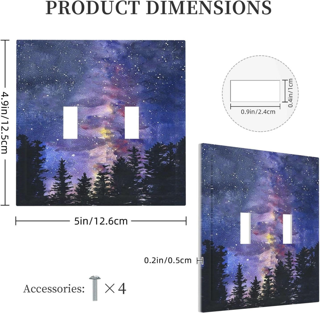 Decorative Switch Plates Dream Milky Way Starry Forest Pine Watercolor Painting 2 Gang Double Toggle Wall Plate Outlet Light Switch Cover Electrical Faceplate for Bedroom Home Decor